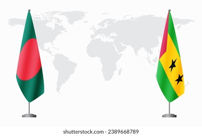 Bangladesh and Sao Tome and Principe flags for official meeting against background of world map.