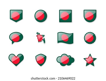 Bangladesh - set of shiny flags of different shapes. Vector illustration