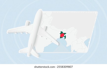 Bangladesh Travel Illustration with Plane and National Flag. Ideal for travel agencies, promotional materials, or geographic content related to Bangladesh.