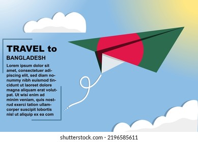 Bangladesh travel vector banner with paper flag and text space, Bangladesh country flag on paper plane, holiday and vacation concept, summer travel template and pattern, flight ticket idea