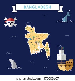 Bangladesh treasure map in flat design. Colorful cartoon treasure map of Bangladesh with flat design icons of pirate ship and jolly roger. Bangladesh flat design vector illustration.