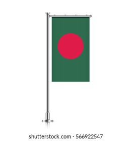 Bangladesh vector banner flag hanging on a silver metallic pole. Vertical Bangladesh flag template isolated on a white background.