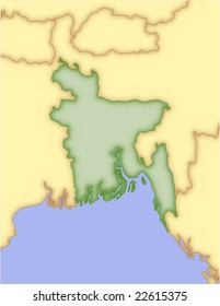 Bangladesh, vector map, with borders of surrounding countries. 5 named layers, fully editable.