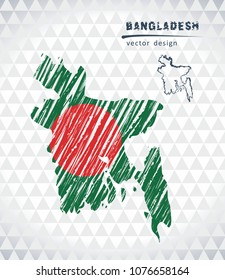 Bangladesh vector map with flag inside isolated on a white background. Sketch chalk hand drawn illustration