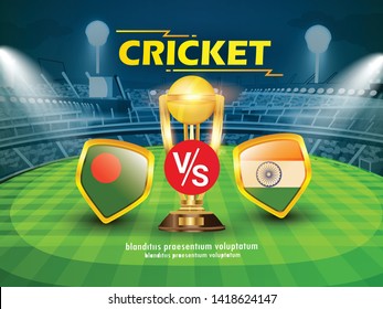 Bangladesh Vs India Cricket Championship Banner With Winning Golden Trophy And Stadium Background