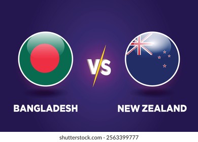 Bangladesh VS New Zealand , cricket match concept. with rival flags of both teams in circular shape isolated on blue background.with editable EPS file.
BANG vs NZ.