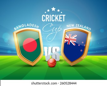 Bangladesh Vs New Zealand Cricket match concept with glossy shield of their countries flags.