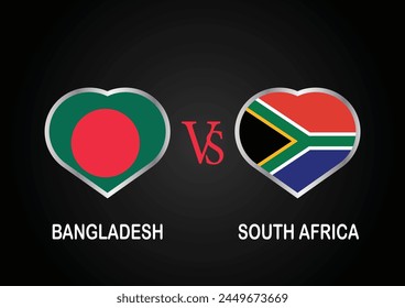 Bangladesh Vs South Africa, Cricket Match concept with creative illustration of participant countries flag Batsman and Hearts isolated on black background