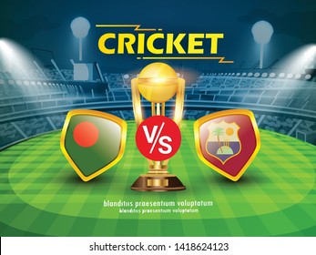 Bangladesh Vs West Indies Cricket Championship Banner With Winning Golden Trophy And Stadium Background