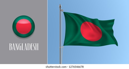Bangladesh waving flag on flagpole and round icon vector illustration. Realistic 3d mockup of red and green Bangladeshi flag and circle button 