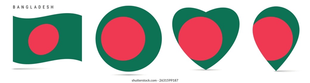 Bangladesh waving flag, round circle sticker badge, heart shaped icon, map pin. Bangladeshi flag buttons of different shapes. Vector illustration isolated on white.