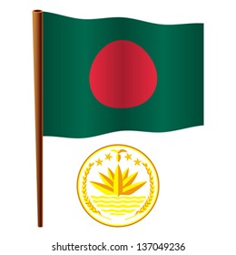 bangladesh wavy flag and coat of arms against white background, vector art illustration, image contains transparency