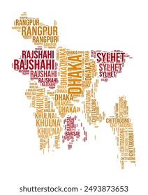 Bangladesh Word Cloud. Country shape with region division. Bangladesh typography style image. Region names tag clouds. Vector illustration.