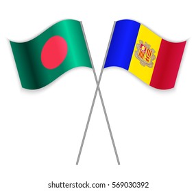 Bangladeshi and Andorran crossed flags. Bangladesh combined with Andorra isolated on white. Language learning, international business or travel concept.