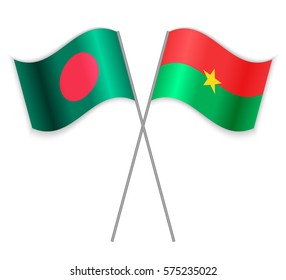 Bangladeshi and Burkinabe crossed flags. Bangladesh combined with Burkina Faso isolated on white. Language learning, international business or travel concept.