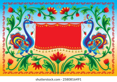 Bangladeshi Colorful Rickshaw painting with a gradient background and border of flowers, vector design with two peacocks, Dhaka, Bangladesh
