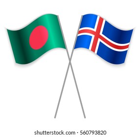 Bangladeshi and Icelandic crossed flags. Bangladesh combined with Iceland isolated on white. Language learning, international business or travel concept.