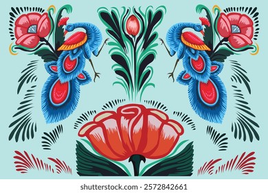 Bangladeshi rickshaw painting style vector illustration. Peacock in rickshaw painting. Rickshaw art vector illustration. Colourful floral design vector illustration. Digital painting.