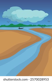 Bangladeshi river side landscape vector illustration. Island vector illustration. Autumn landscape beside river.