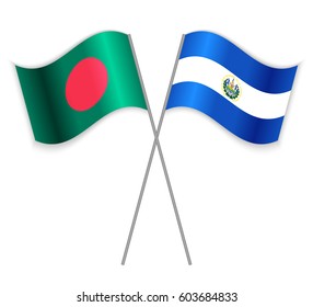 Bangladeshi and Salvadoran crossed flags. Bangladesh combined with El Salvador isolated on white. Language learning, international business or travel concept.