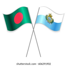 Bangladeshi and Sammarinese crossed flags. Bangladesh combined with San Marino isolated on white. Language learning, international business or travel concept.