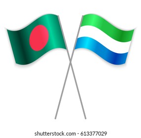 Bangladeshi and Sierra Leonean crossed flags. Bangladesh combined with Sierra Leone isolated on white. Language learning, international business or travel concept.