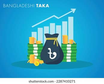 Bangladeshi Taka currency growth to success concept. The money bag chart increases profit. Business growth concept. Vector illustration design