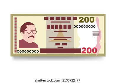 Bangladeshi Taka Vector Illustration. Bangladesh money set bundle banknotes. Paper money 200 BDT. Flat style. Isolated on white background. Simple minimal design.