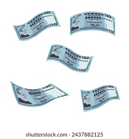 Bangladeshi Taka Vector Illustration. Bangladesh money set bundle banknotes. Falling, flying money 100 BDT. Flat style. Isolated on white background. Simple minimal design.