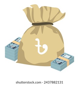 Bangladeshi Taka Vector Illustration. Bangladesh money set bundle banknotes. Money bag 100 BDT. Flat style. Isolated on white background. Simple minimal design.