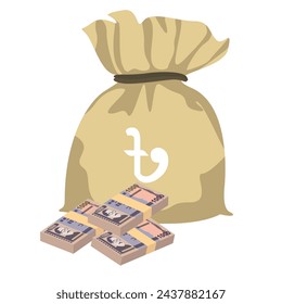 Bangladeshi Taka Vector Illustration. Bangladesh money set bundle banknotes. Money bag 1000 BDT. Flat style. Isolated on white background. Simple minimal design.