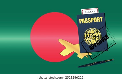 Bangladeshi Travel Documentation Concept with blue Passport and Bangladesh Flag. Approved Stamp. Airplane and Traveling Ticket. Ideal for Immigration Tourism and Traveling Themes. Vector EPS available