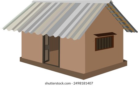 Bangladeshi treditional house. village hut with tin shade roof isolated on white background