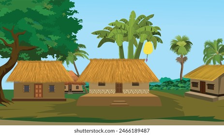 Cabañas de pueblo bangladesíes al lado de la carretera. Casa de barro india. Casa de campo de choza asiática para dibujos animados 2d 