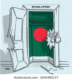 O caminho de Bangladesh para a liberdade. Ilustração política de uma porta quebrada, mas trancada, com a bandeira nacional. Uma metáfora para luta e esperança.