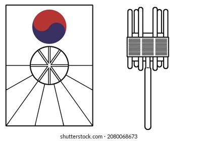 A Bangpae kite and a reel. A kite made in the shape of a shield as one of the traditional kites in Korea. Vector line art illustrations set.