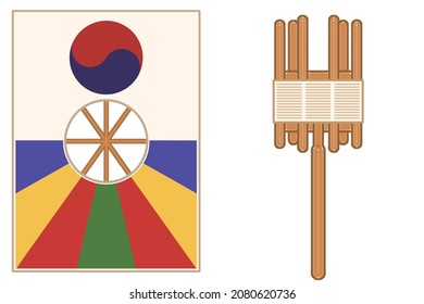 A Bangpae kite and a reel. A kite made in the shape of a shield as one of the traditional kites in Korea. Vector illustrations set.
