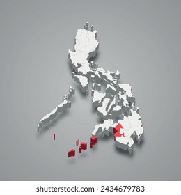 Bangsamoro region highlighted in red on a grey Philippines 3d map