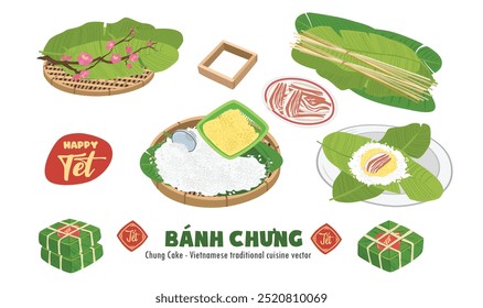 Banh chung or chung cake vector. Set of making traditional vietnamese chung cake. Vietnamese tradition new year elements. Tet holiday concept. Flat vector in cartoon style.