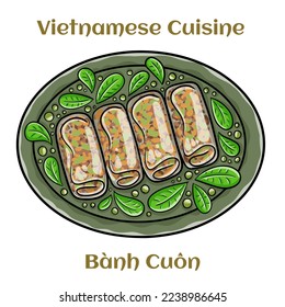 Banh cuon, vietnamese steamed rice noodle roll, vietnamese popular breakfast food. Isolated vector illustration. 