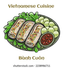 Banh cuon, vietnamese steamed rice noodle roll, vietnamese popular breakfast food. Isolated vector illustration. 