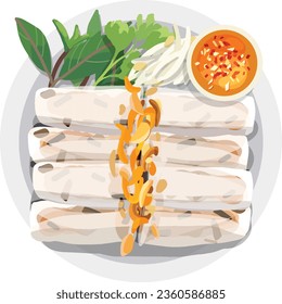 Banh Cuon Vietnamese Steamed Rice Rolls. Top View Vietnamese Food Illustration Vector. 