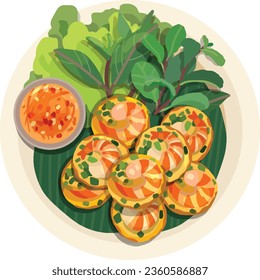 Banh Khot Mini Vietnamese Savory Pancakes. Top View Vietnamese Food Illustration Vector. 