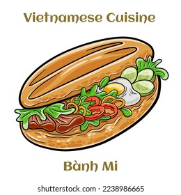 Banh mi. Classical sandwich with sliced grilled pork tenderloin, shredded carrots and peeled cucumbers, jalapeno peppers and cilantro. Isolated vector illustration. 