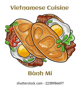 Banh mi. Classical sandwich with sliced grilled pork tenderloin, shredded carrots and peeled cucumbers, jalapeno peppers and cilantro. Isolated vector illustration. 