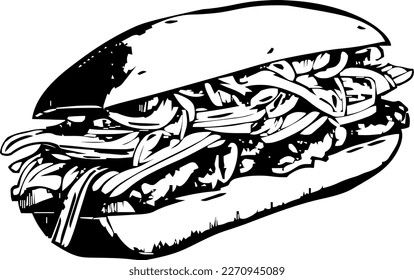 Banh mi, food, isolated, vintage drawing, vector illustration, black color