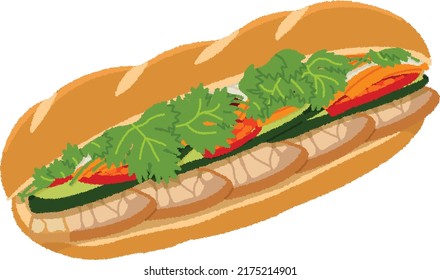 Banh Mi is a Vietnamese sandwich. Spread butter and pate on the baguette, sandwich vegetables, herbs, meat, etc., and sprinkle with sauce such as fish sauce.