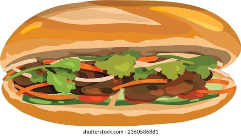 Banh Mi Vietnamese Sandwich.Top View Vietnamese Food Illustration Vector. 