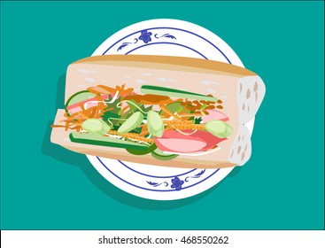 Banh Mi is Vietnam's baguette sandwich with greens and fillings of choice like omelet or meat of one's options. Top View or Flat Lay style image.  Editable Clip Art. 
