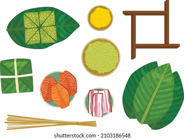  Banh tet - Vietnamese food square sticky rice stuffed in banana leaves and bamboo rope on lunar new year celebration. 